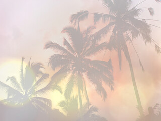 Tropical landscape. Double exposure effect of coconut palm trees. Vintage pastel background. Travel card banner. Vintage tones effect