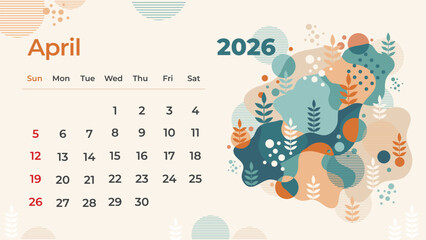Beautifully Abstract hand-drawn April 2026 calendar