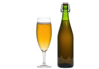 Isolated glass of beer and bottle of amber beer or lager on a light surface. Refreshment