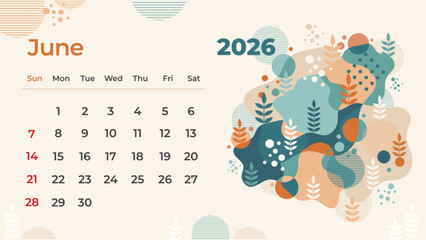 Beautifully Abstract hand-drawn June 2026 calendar