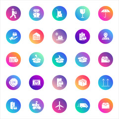 Set of 25 round logistics and delivery glyph icons in white style on colorful gradient backgrounds. Includes shipping, tracking, packaging, and courier symbols for UI, apps, and web design.