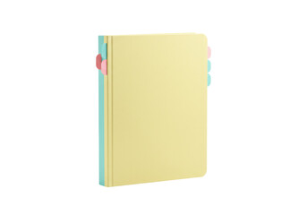 Fototapeta premium Isolated yellow notebook, light blue spine, pink tab bookmarks; blank journal, stationery