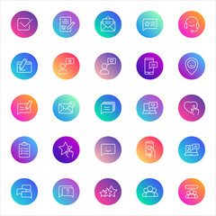 Set of 25 round communication and interface icons in white outline style on colorful gradient backgrounds. Includes messaging, support, feedback, and interaction symbols for UI and web design.