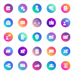 Set of 25 round communication and UI glyph icons in white style on colorful gradient backgrounds. Includes messaging, interaction, feedback, and user symbols for apps and web design.