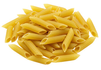 Isolated heap of uncooked penne pasta ready for cooking, classic Italian food source