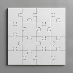 3d white puzzle board with sixteen connected pieces on gray background