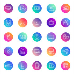 Set of 25 round electronics and appliance icons in white outline style on colorful gradient backgrounds. Includes smart devices, home tech, and multimedia symbols for UI and web design.