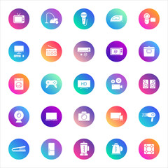 Set of 25 round electronics and appliance glyph icons in white style on colorful gradient backgrounds. Includes smart devices, home tech, and multimedia symbols for UI and web design.