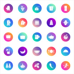 Set of 25 round kitchen and food glyph icons in white style on colorful gradient backgrounds. Includes cookware, ingredients, and culinary symbols for UI, apps, and web design.