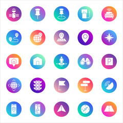 Set of 25 round navigation and location icons in white glyph style on colorful gradient backgrounds. Includes GPS, maps, pins, and travel symbols for UI, apps, and web design.