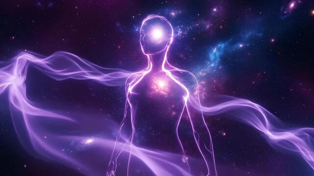 Astral projection of a transparent glowing human figure with energy flowing through space for meditation footage