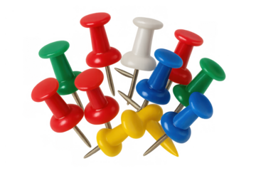 Colorful pushpins scattered, ideal for concepts of organization, communication, planning, office work, or creative projects. Isolated