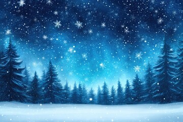 Enchanting winter wonderland with snowy trees and sparkling snowflakes at night