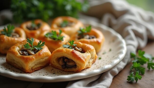 Delicious mushroom-filled pastries on table indoors