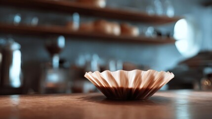 Small wooden bowl on a wooden table in a kitchen. the bowl is made of paper and has a scalloped edge. it appears to be empty and is placed in the center of the table.
