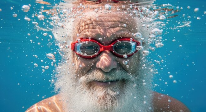 Elderly man with a playful smile submerged in water surrounded by bubbles enjoying swimming