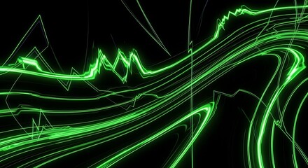 Abstract green light trails on black background, futuristic digital art.