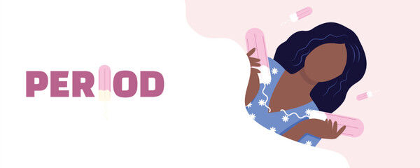 African American teenage girl, woman with tampons. Female menstruation period hygiene health banner