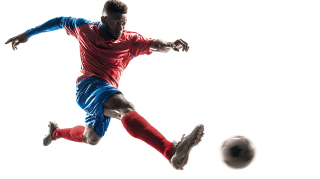 A soccer player kicking a soccer ball showing power action and athletic energy isolated on white background