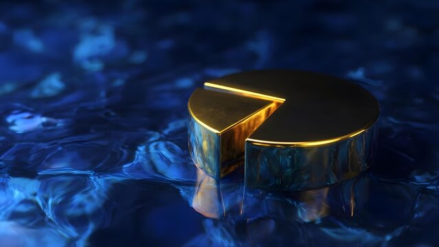 Shiny gold circular disk with a wedge-shaped slice removed, glowing along the cut, resting on a dark blue reflective surface. Concept Gold Disk With Wedge Removed, Glowing Cut Edge
