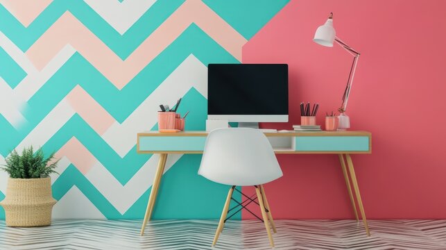 Modern workspace with vibrant color blocking and geometric patterns background