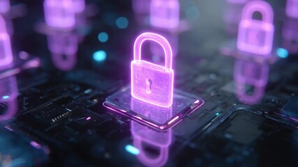 Digital Security in Neon: A luminous neon padlock glows amidst a network of digital circuitry, symbolizing protection and safety in the cyber world.  - Powered by Adobe