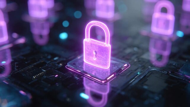 Digital Security in Neon: A luminous neon padlock glows amidst a network of digital circuitry, symbolizing protection and safety in the cyber world.  - Powered by Adobe