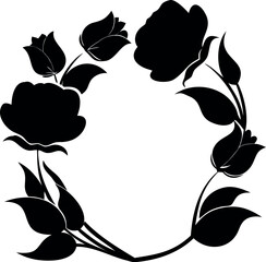 A beautiful circular arrangement of black silhouette flowers, showcasing a classic botanical wreath design for elegant invitations or decorations