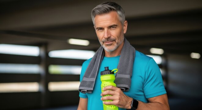 Middle-aged man exercises with water bottle in gym setting in the afternoon light