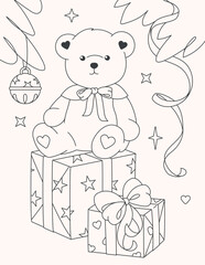 Naklejka premium Outline illustration of teddy bear with Christmas gifts and bow. Holiday coloring page in monochrome line art style for children's activities and winter fun