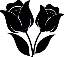 Black and white illustration of two blooming tulips with leaves, elegant floral design for graphic art