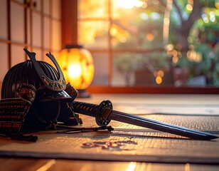 A traditional Japanese katana resting on a tatami mat beside a samurai helmet, soft ambient light from a paper lantern