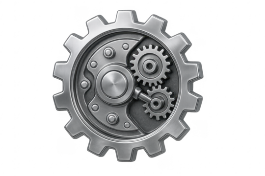 Silver industrial gears mechanism spinning transparent background