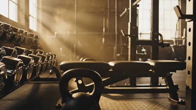 A dimly lit gym displays dumbbells, a bench, and a kettlebell with sunlight streaming through a window