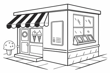 a flat-style vector illustration of an ice cream shop exterior in black and white, with cones and sundaes in the display window, a striped awning, and a menu board on the wall. Outlined in clean black