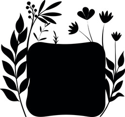 A simple black silhouette of a botanical frame featuring delicate wildflowers, leaves, and leafy branches, creating an elegant nature-inspired border for design