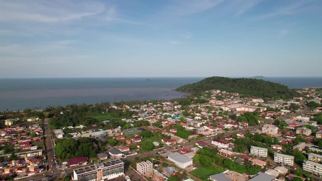 Drone shot of Cayenne, French Guiana with Point Buzare and Caribbean Sea in distance, 4K