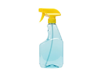 Isolated sprayer bottle, blue plastic bottle with yellow nozzle and trigger in vertical format