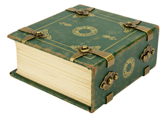 Isolated antique green book with golden hardware detailing, decorative, ornate cover