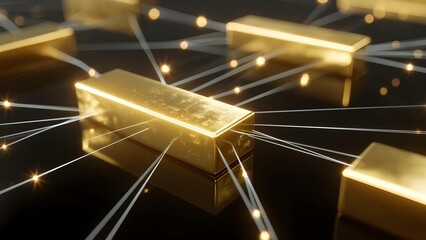Gold bars connected by glowing white lines, forming a blockchain-like network. Concept Gold Bars, Blockchain Network, Glowing Lines, Digital Finance, Data Visualization