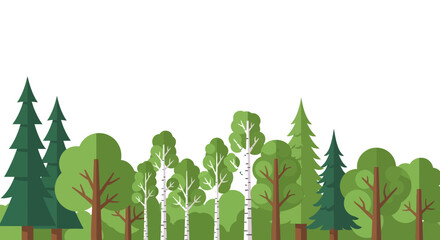 Stylized vector graphic illustration of a green forest with varied tree species flat design