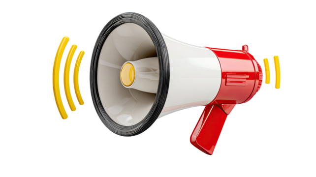 A red and white megaphone emitting yellow sound waves symbolizing communication and announcement isolated on white background