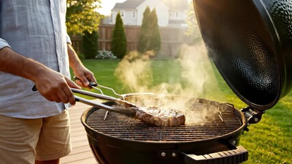 Man using tongs to grill steak on barbecue in backyard. Bright sunny day setting with green grass and trees. Concept of outdoor cooking, barbecue events, food enthusiasts