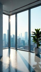 Fototapeta premium Modern Corporate Office with Panoramic City View Sunlight streams through a large window illuminating a sleek, minimalist interior workspace, offering stunning cityscape horizon views.