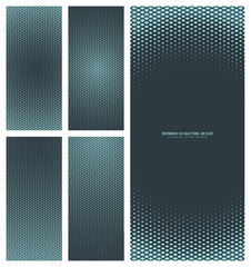 Assorted vector rhombus grid cyan black halftone pattern set in vertical 9:20 aspect ratio including round frame and various radial textures. Varied half tone graphics technology design elements pack
