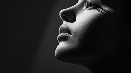 Woman's profile illuminated by soft light in a dramatic black and white setting highlighting facial features and expressions