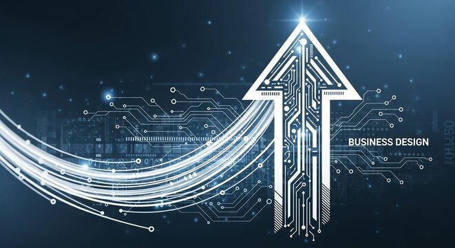 Dynamic arrow of light and circuits symbolizes business growth and technological advancement
