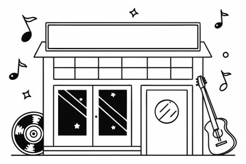 a flat-style vector illustration of a music shop exterior in black and white, with guitars, records, and musical notes on the signboard. Outlined in clean black lines on a white background, minimal an