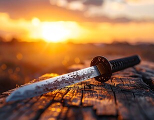 An ancient katana with a slightly rusty blade lying on aged wood, signs of history and use visible, warm sunset lighting