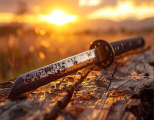 An ancient katana with a slightly rusty blade lying on aged wood, signs of history and use visible